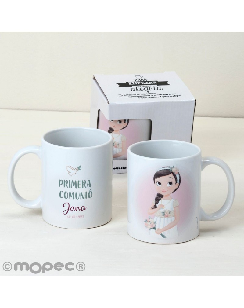 Taza Comunión niña romántica P.Comunió CAT en caja regalo