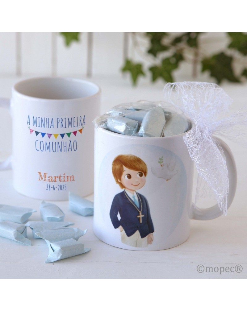 Taza cerámica niño Primeira Comunhão en caja regalo con 7 caramelos