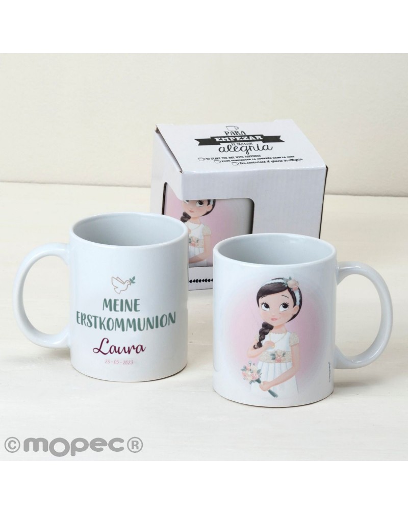 Taza cerámica Meine Erstkommunion niña romántica en caja regalo