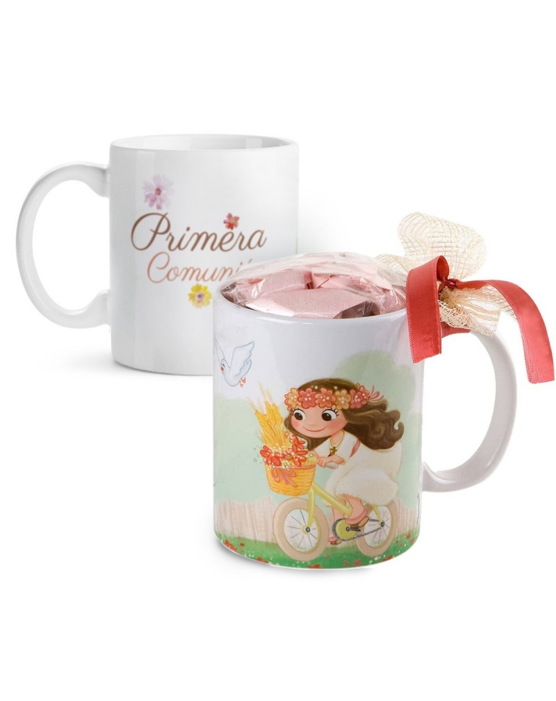 Taza niña Comunión en bici con 7 caramelos