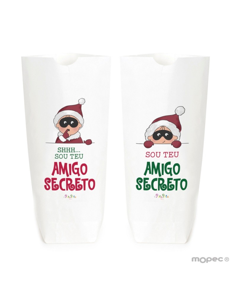 Bolsa de papel blanca Pit&Pita Amigo Invisible en portugués