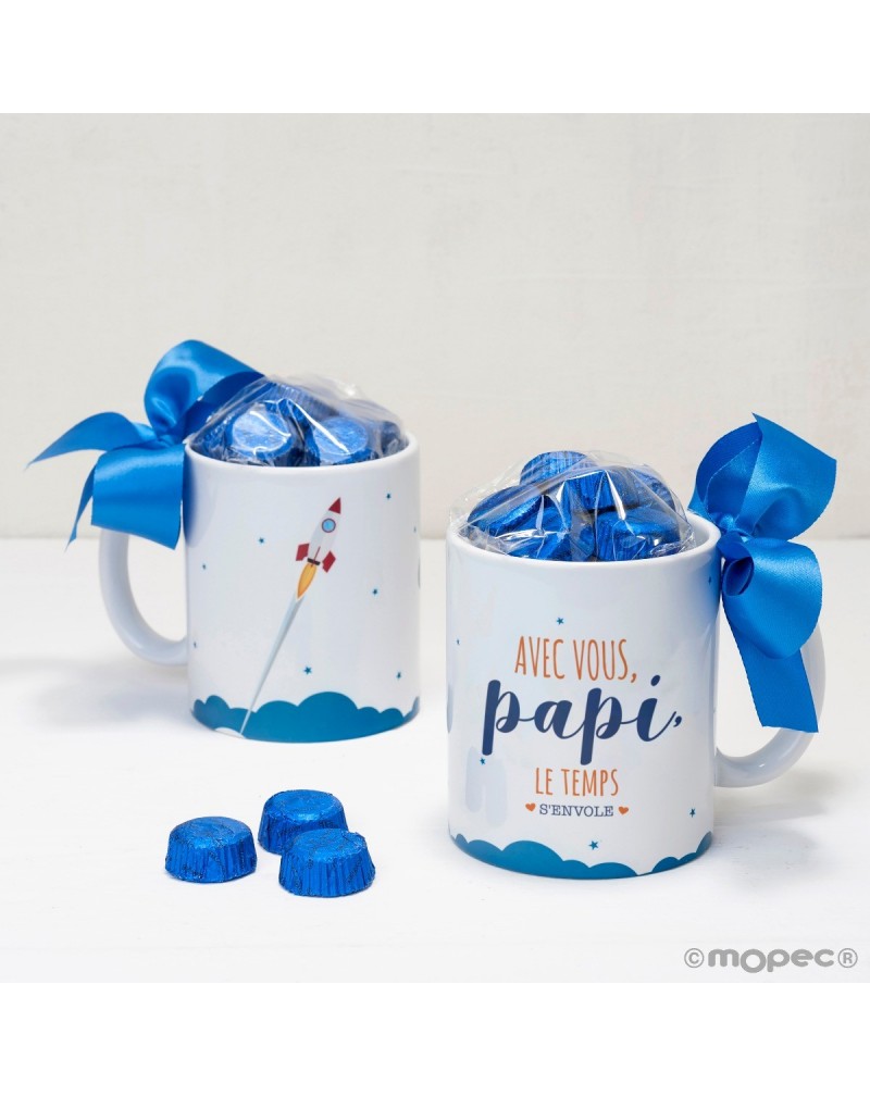 Taza cerámica A tu lado Abuelo en caja regalo 6 bombones en francés