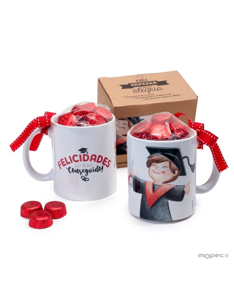 Taza cerámica graduación CHICO en caja regalo + 6 bombones