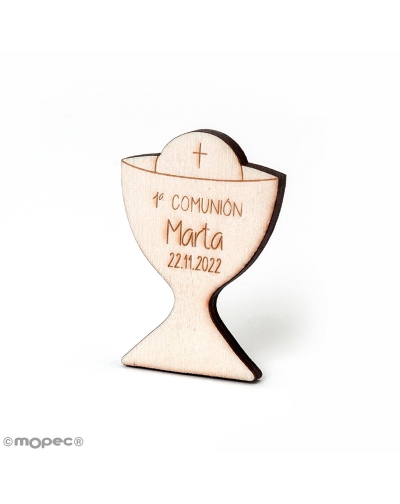 Imán de madera 6cm. cáliz personalizado