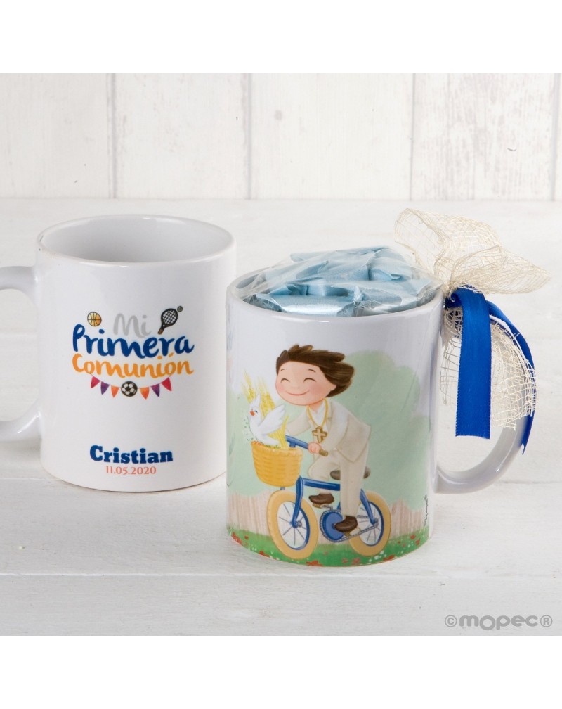 Taza Comunión niño en bici con 7 caramelos en caja regalo