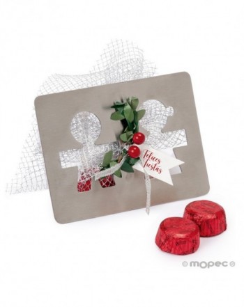 Posavasos metálico tarjeta Felices Fiestas con 2 bombones