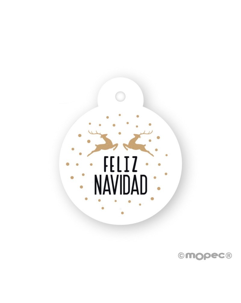 Pack 24 tarjetas con forma de bola de Navidad con mensaje de Feliz Navidad y Renos Ø4cm.