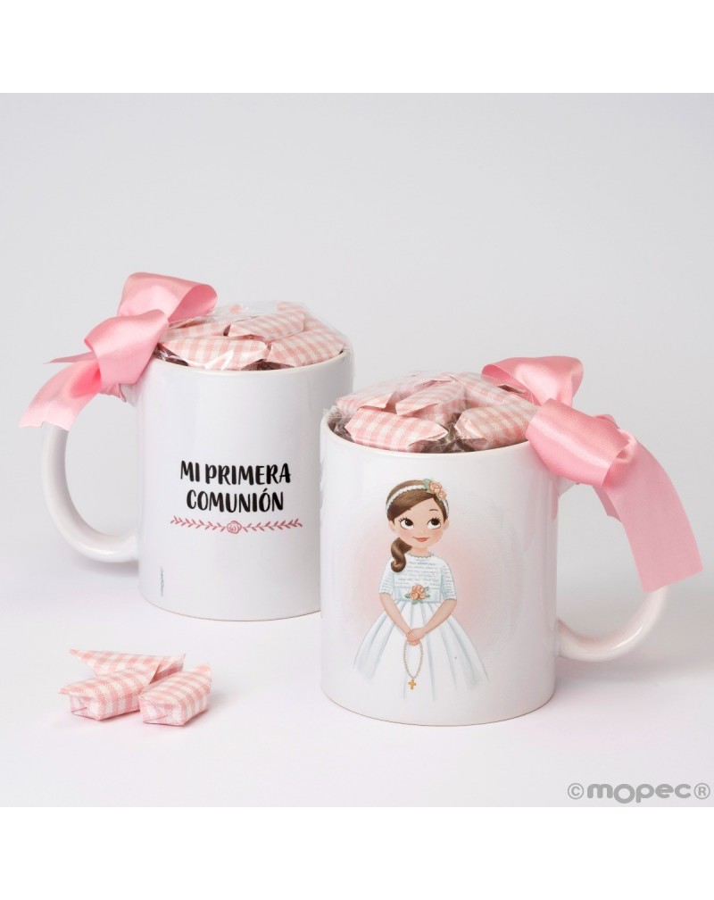 Taza cerámica First Communion niña rosario con 7 caramelos