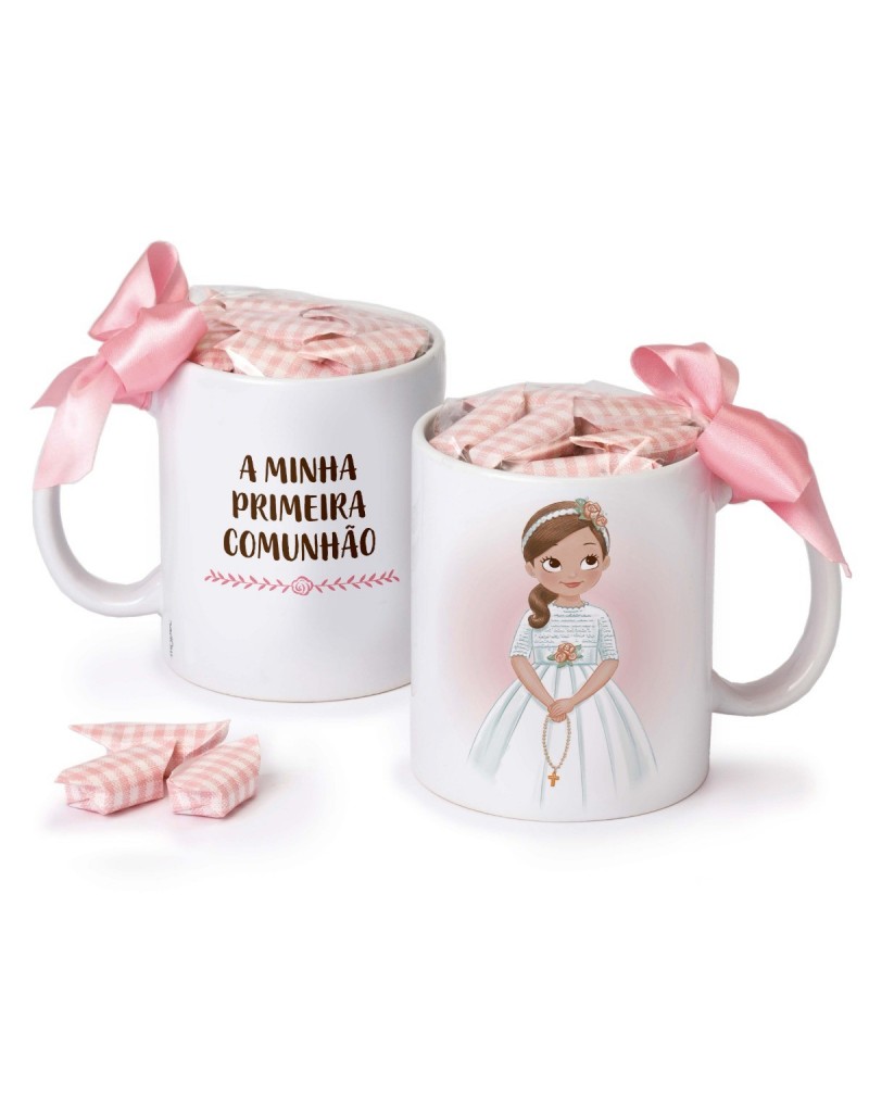 Taza cerámica Primeira Comunhão niña rosario 7 caramelos