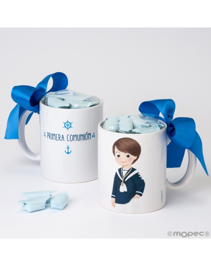 Taza cerámica Primeira Comunhão niño marinero 7 caramelos