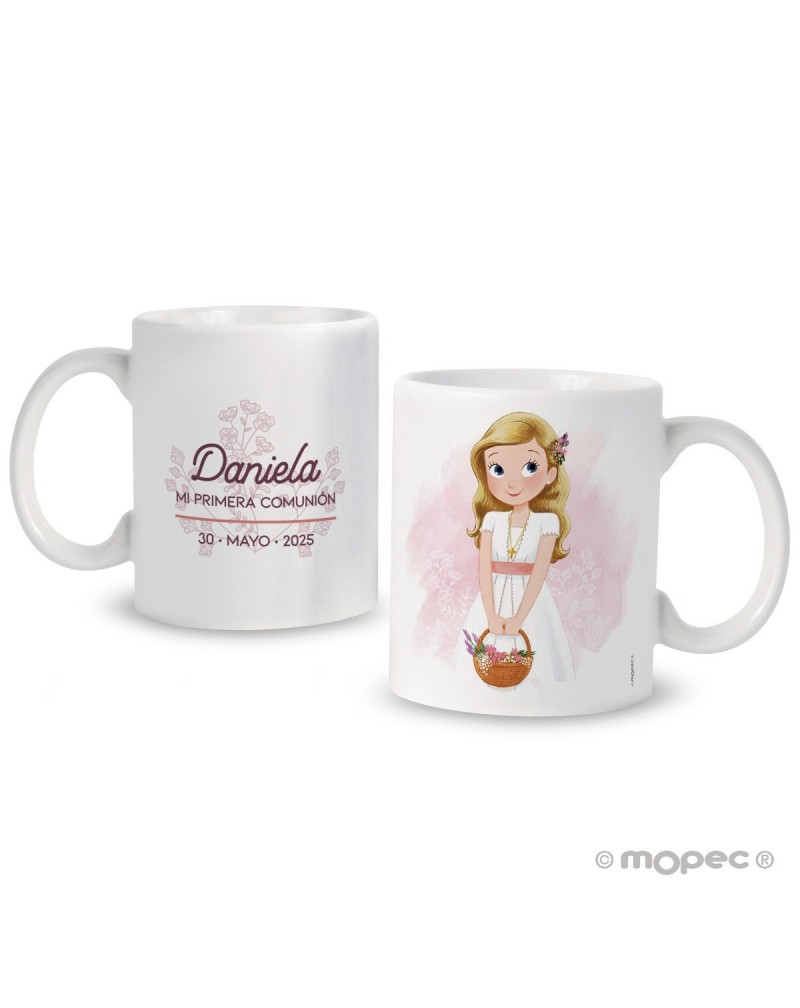 Taza cerámica Primera Comunión niña cesto disponible en varios idiomas