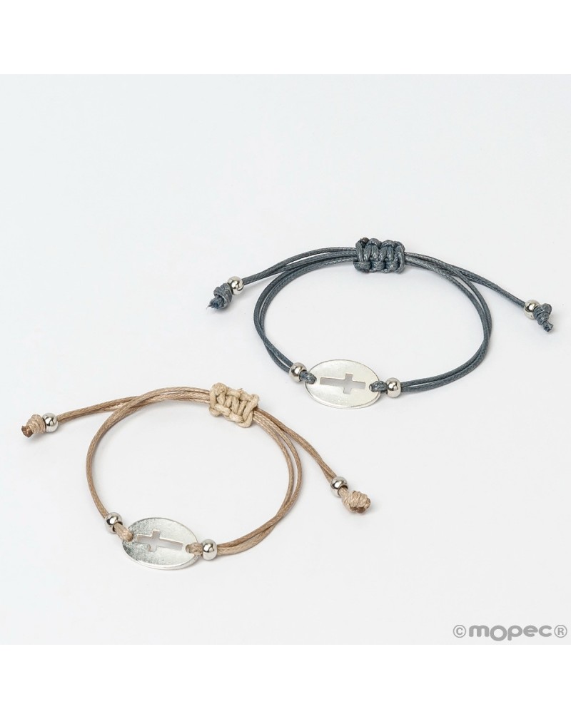 Pulsera cruz metálica cordón efecto piel gris/beige min.6