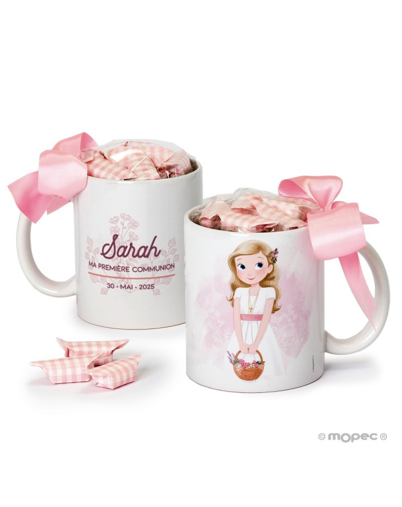 Taza Communion niña cesta flores 7caramelos en caja regalo