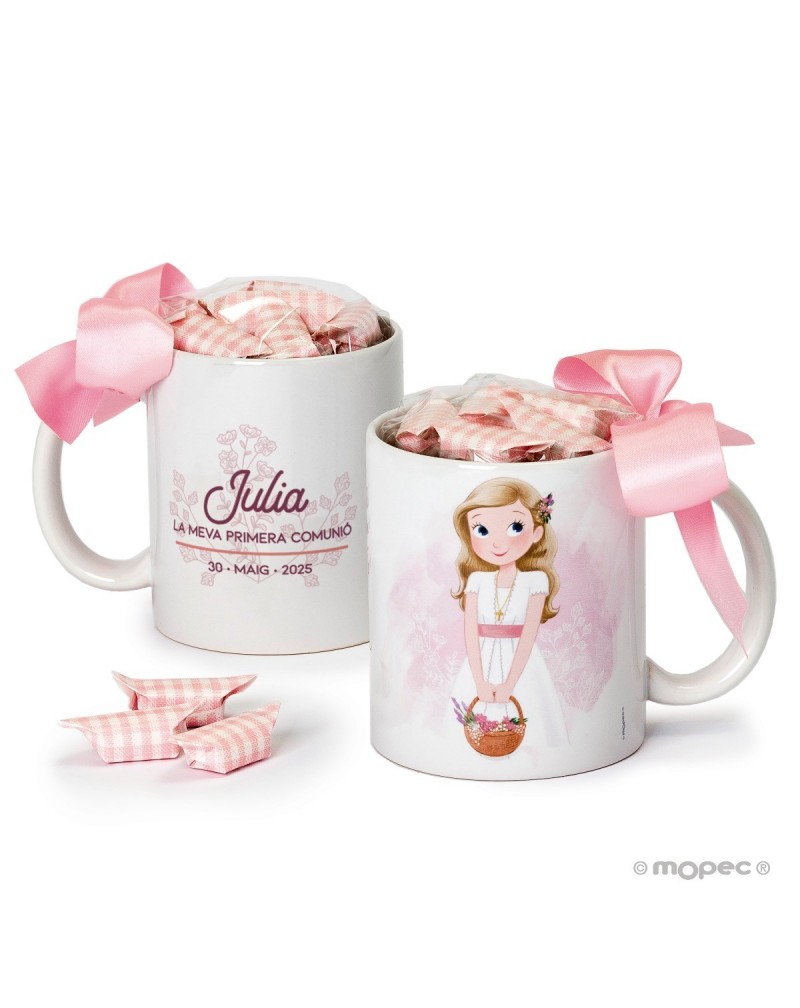 Taza Primera Comunió niña cesta flores 7 caramelos