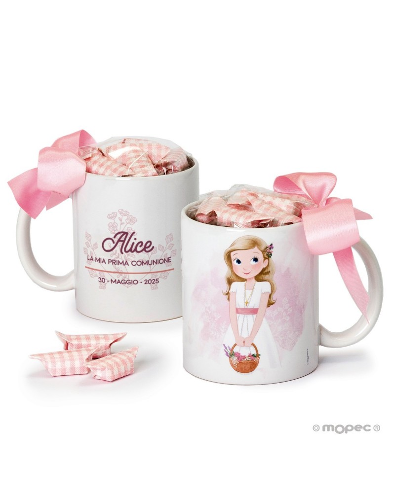 Taza Comunione niña cesta flores 7caramelos en caja regalo