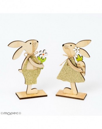 Conejos de madera 16cm. con vestido lamé dorado