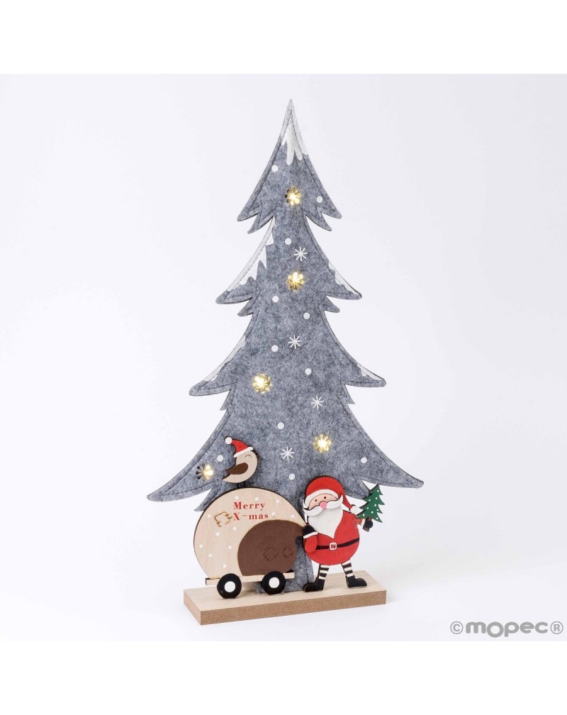 Árbol 5 LEDS fieltro gris Papa Noel base madera 23x44