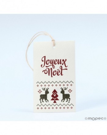 Tarjetón Joyeux Noël reno tejido con cinta 6x10cm