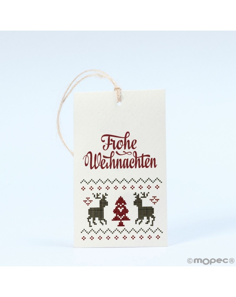 Tarjetón Frohe Weihnachten reno tejido con cinta 6x10cm