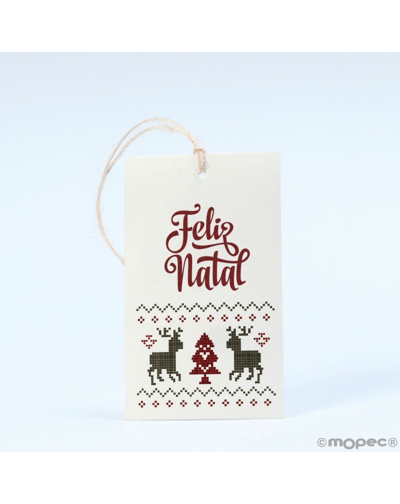 Tarjetón Feliz Natal reno tejido con cinta 6x10cm