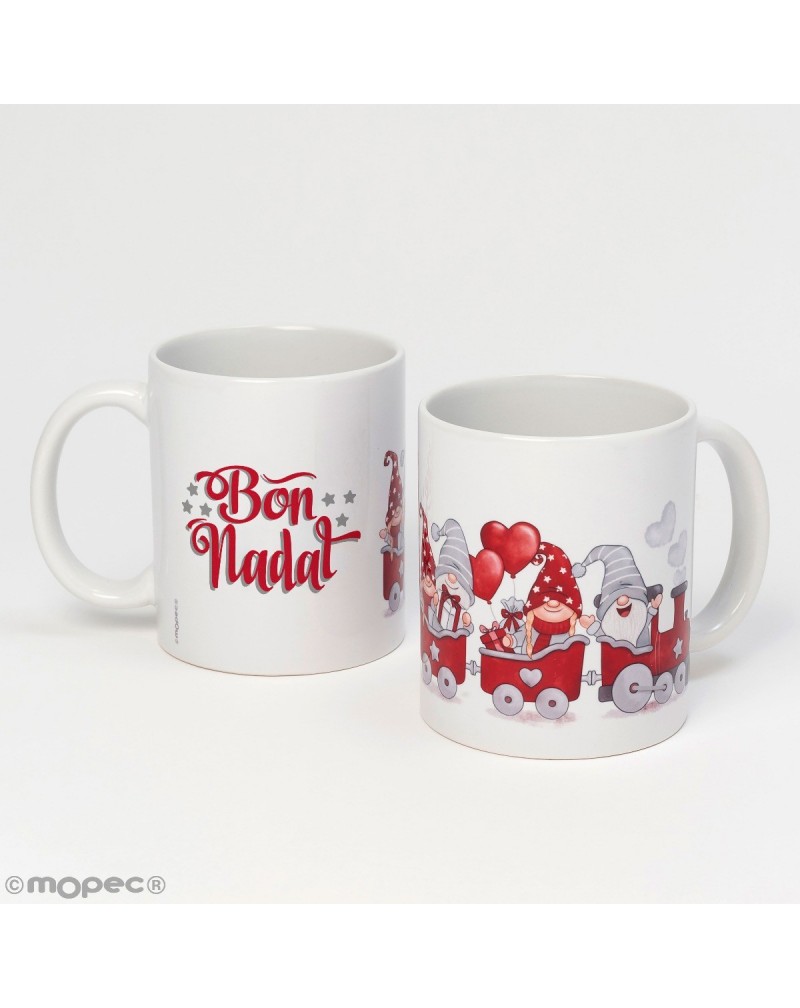 Taza cerámica tren gnomos rojos Bon Nadal caja regalo