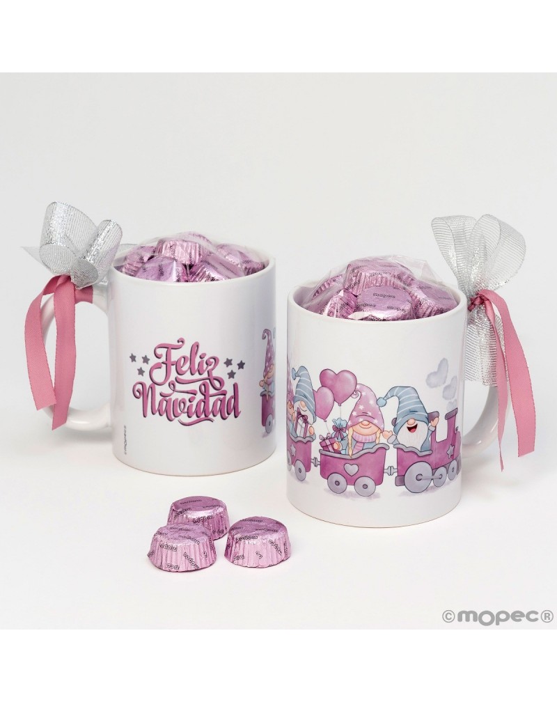 Taza tren gnomos rosas con 6 bombones y caja regalo