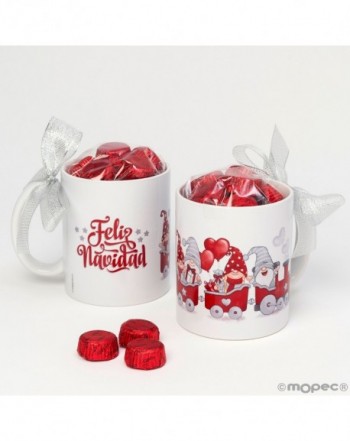 Taza cerámica tren gnomos rojos con bombones y caja regalo
