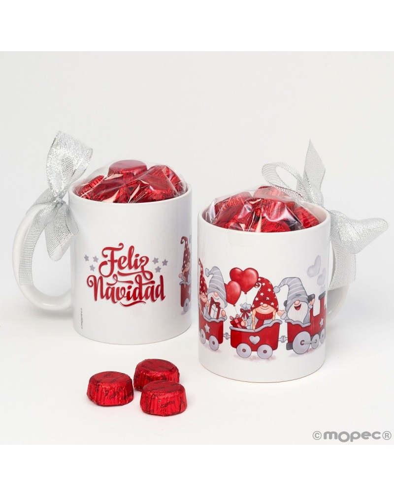 Taza cerámica tren gnomos rojos con bombones y caja regalo