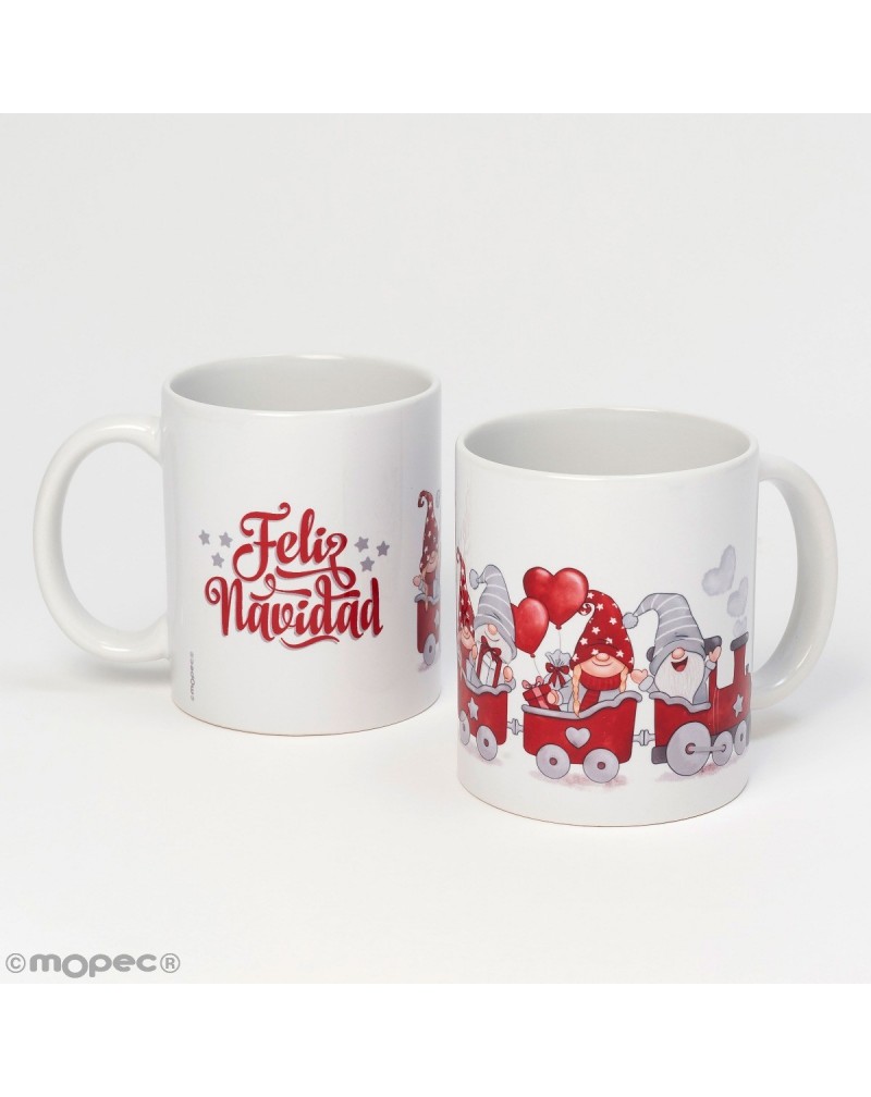 Taza cerámica tren gnomos rojos Feliz Navidad caja regalo