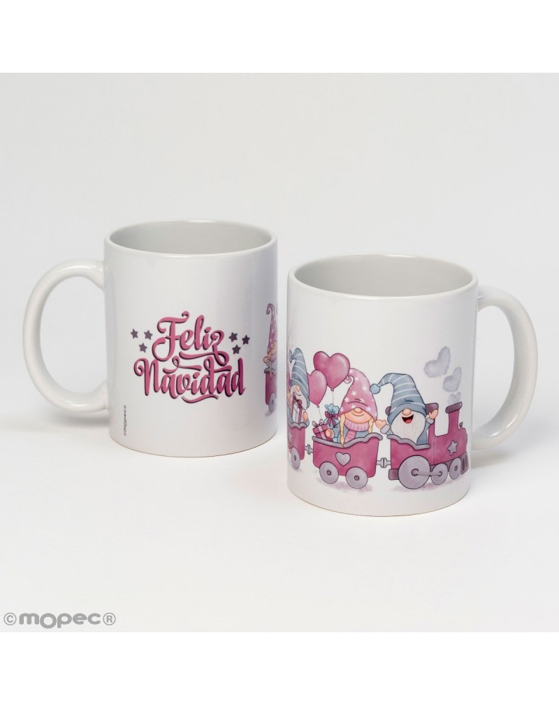 Taza cerámica Tren Gnomos rosas Feliz Navidad caja regalo