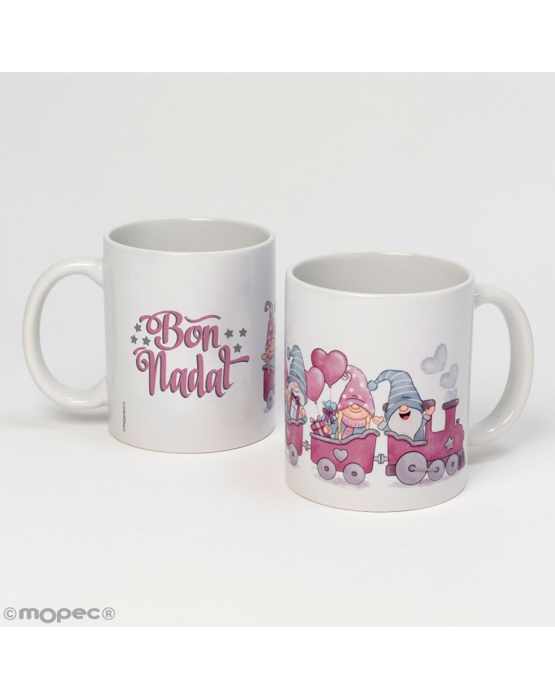 Taza cerámica tren gnomos rosas Bon Nadal caja regalo