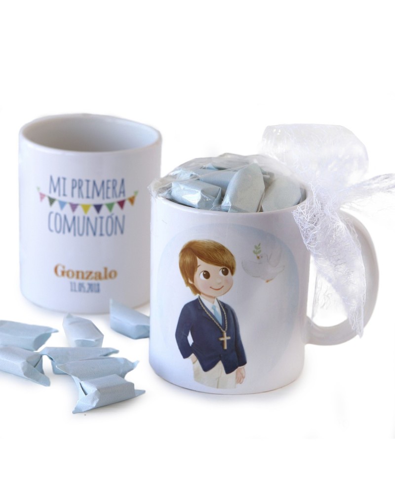 Taza cerámica niño Comunión en caja regalo con 7 caramelos