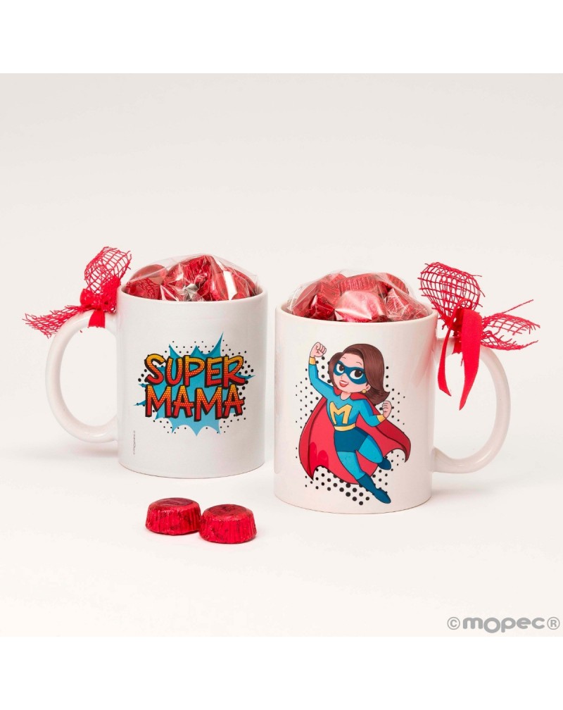 Taza cerámica SUPER MAMA 6 bombones en caja regalo