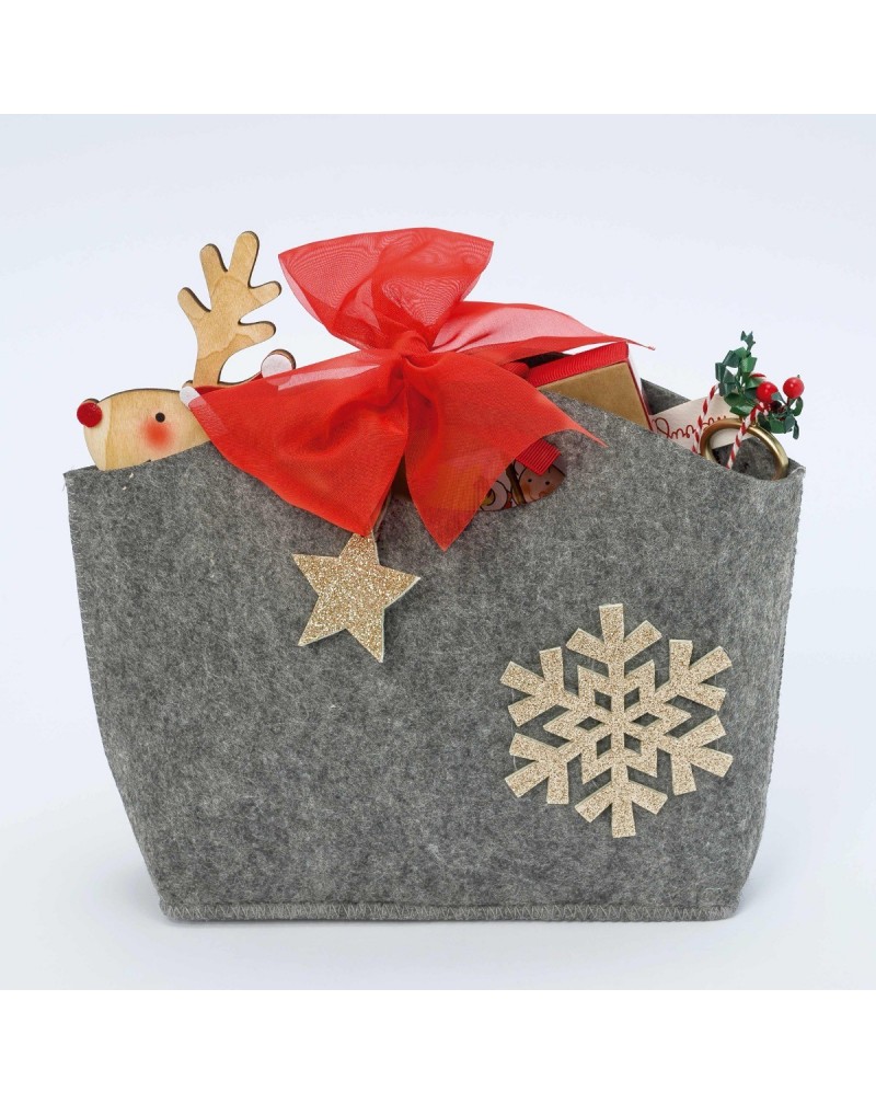 Pack regalo Navidad cesto gris y detalles purpurina oro