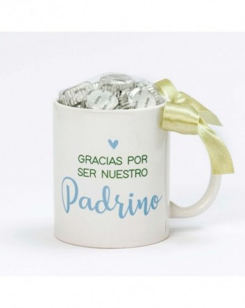 Taza de cerámica "Gracias Padrino" con 6 bombones en caja regalo