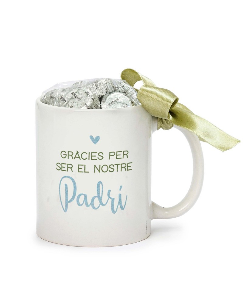 Taza de cerámica "Gràcies Padrí" con 6 bombones en caja regalo