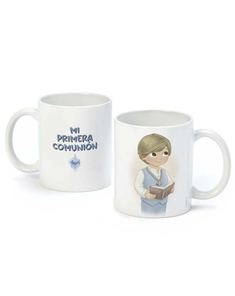 Taza Primera Comunión niño chaleco y Biblia en caja regalo