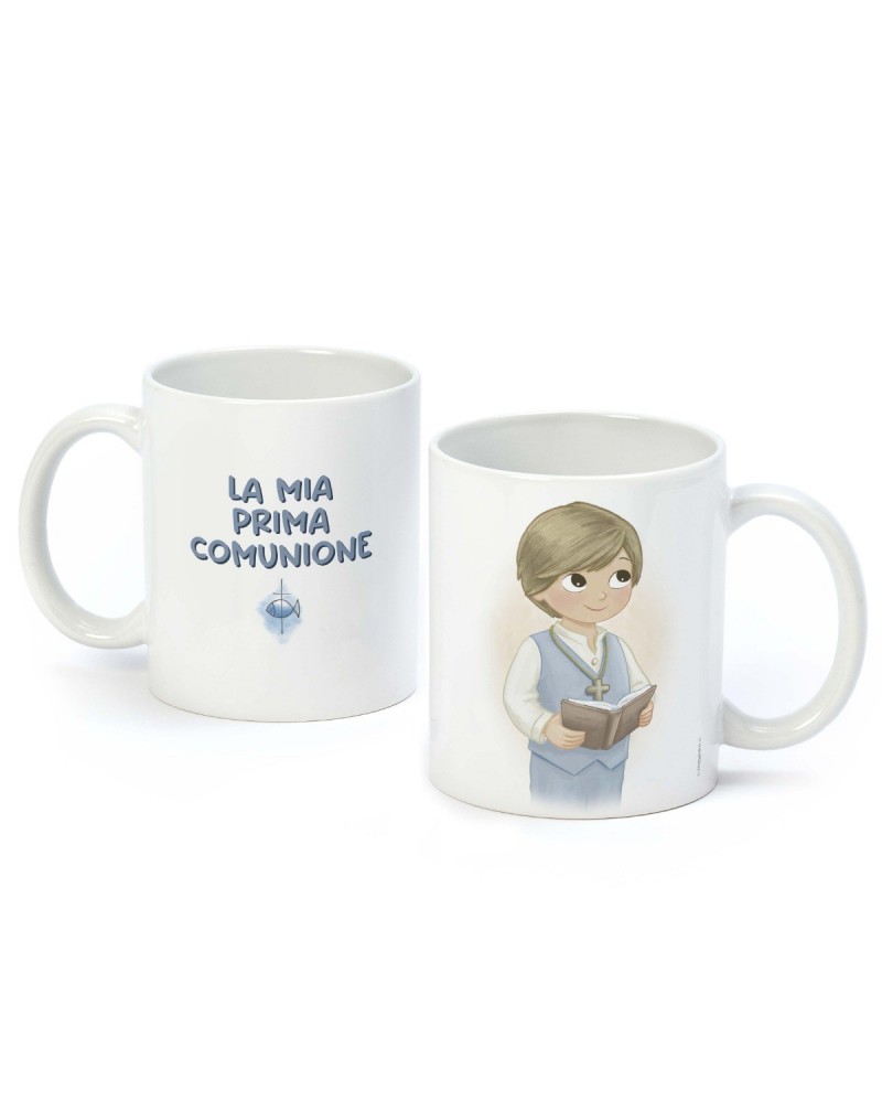 Taza Prima Comunione niño chaleco y Biblia en caja regalo