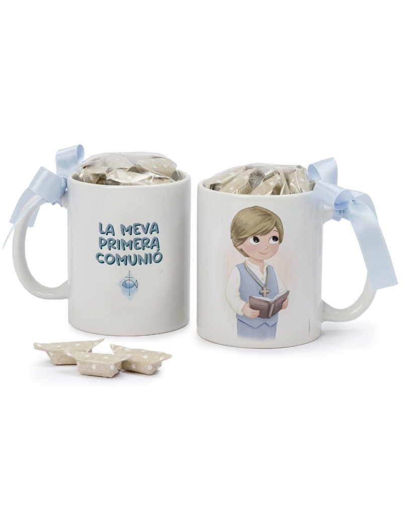 Taza Comunió niño chaleco y Biblia 7 caramelos caja regalo