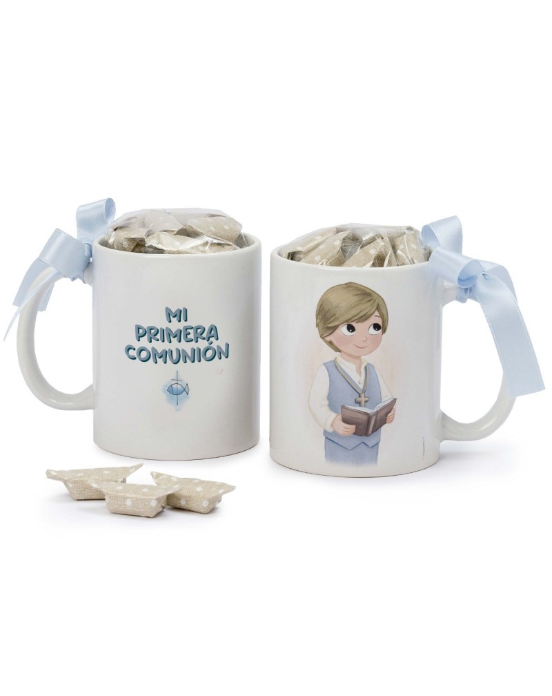 Taza Comunión niño chaleco y Biblia 7 caramelos caja regalo