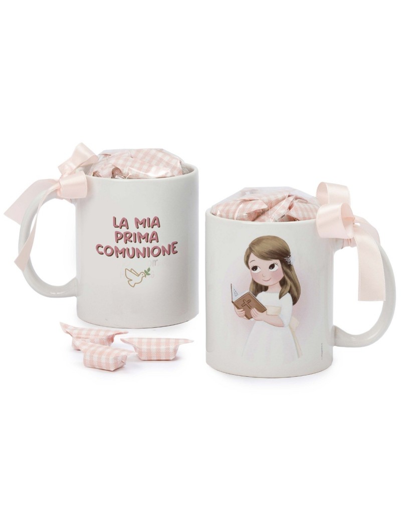 Taza Prima Comunione niña Biblia 7 caramelos en caja regalo