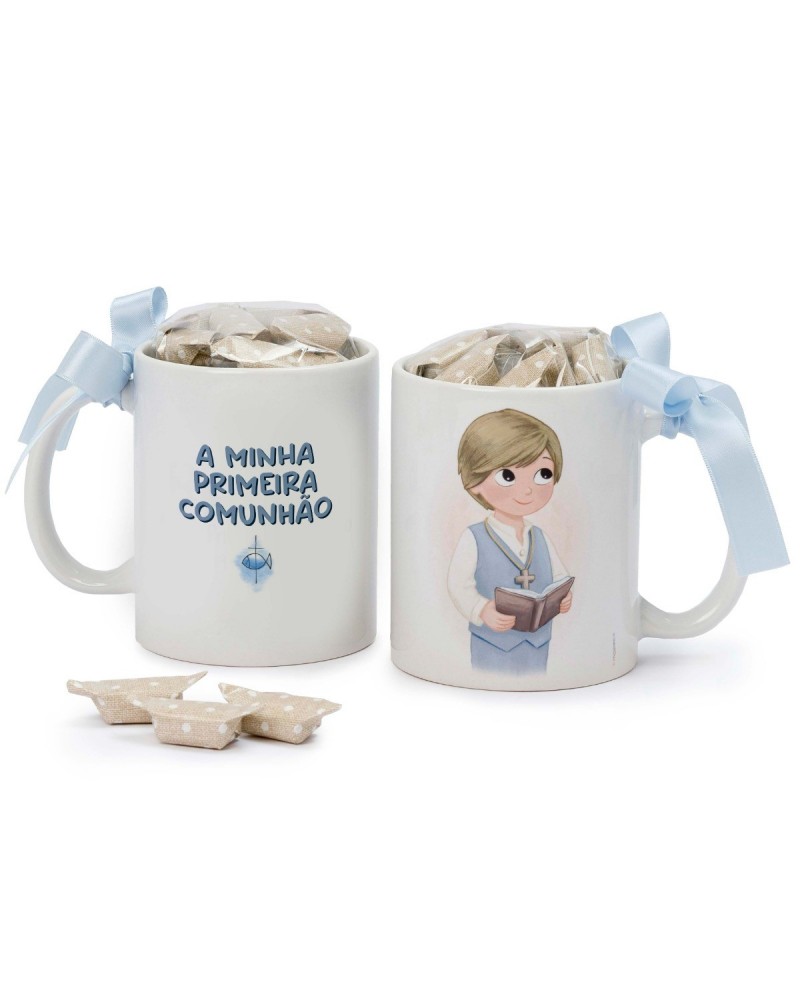 Taza Comunhão niño chaleco y Biblia 7 caramelos caja regalo