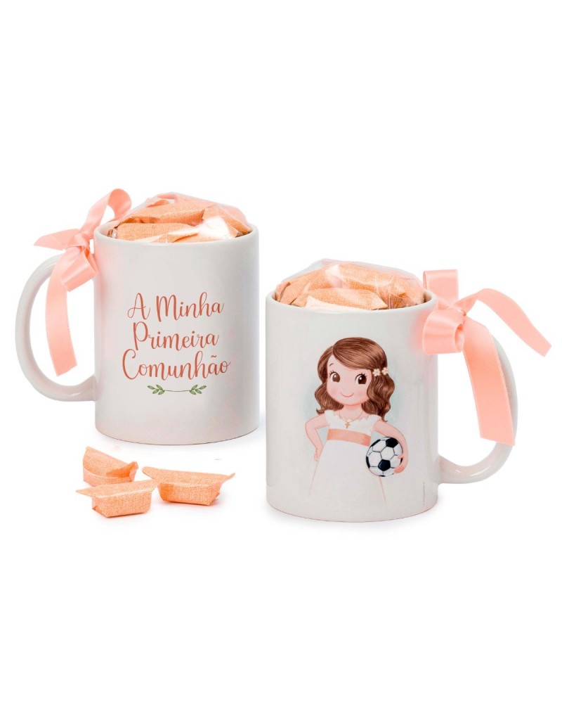 Taza P.Comunhão niña con pelota 7 caramelos en caja regalo