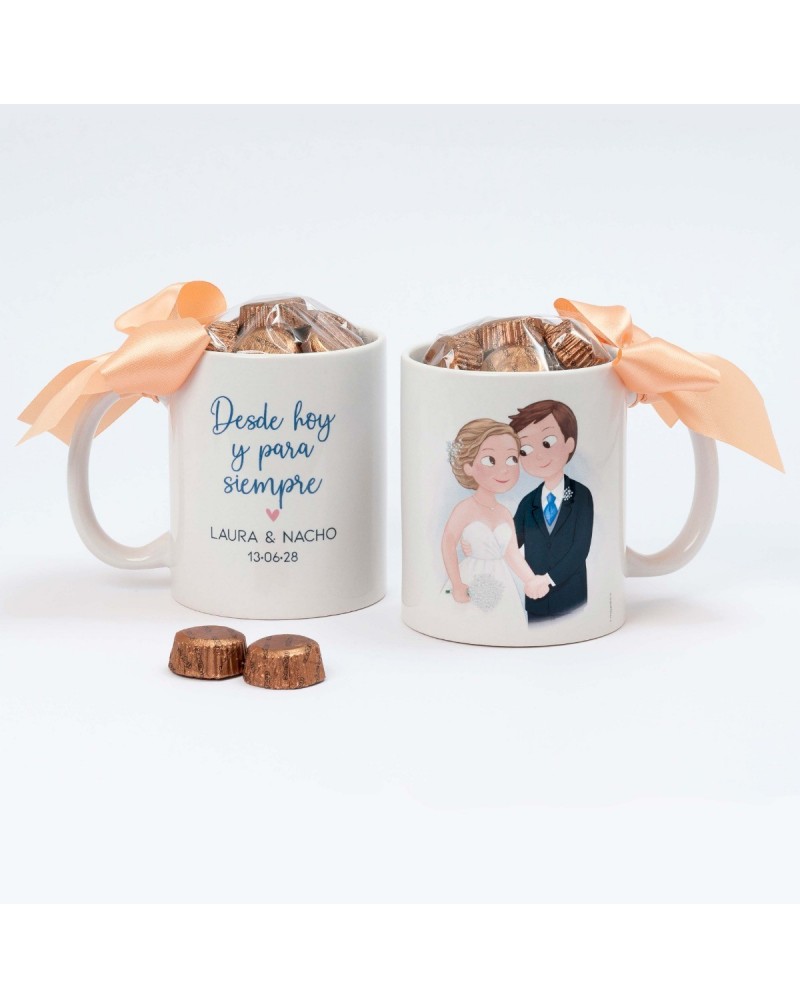 Taza cerámica novios "Desde hoy y para siempre" 6 bombones en caja regalo