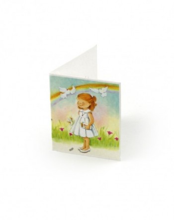 Tarjeta librito arco iris niña vestido blanco